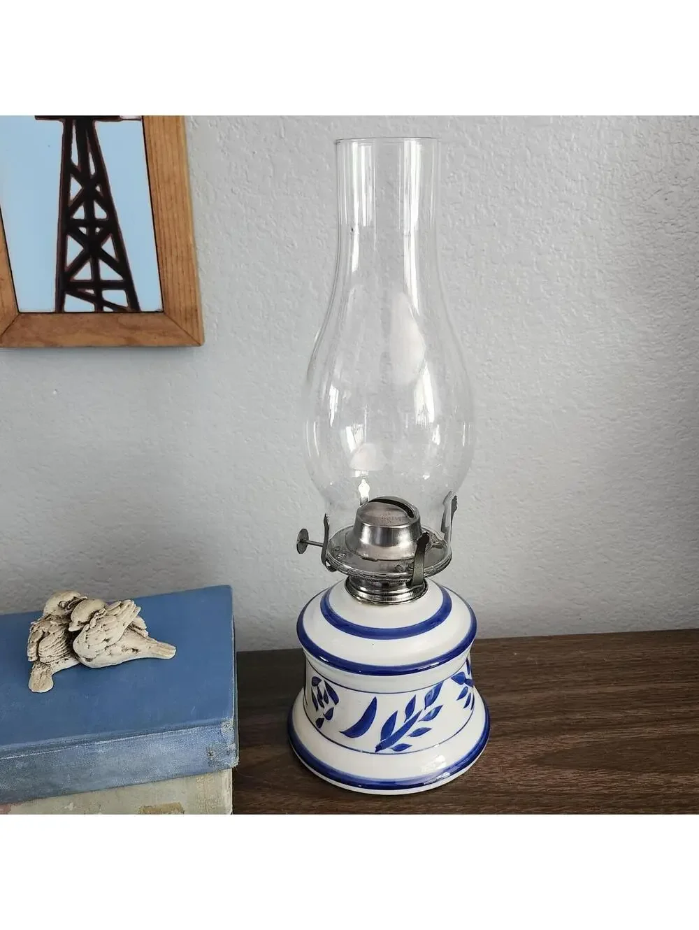 Vintage Lamplight Farms Blue & Gray Stoneware Kerosene Oil Lamp